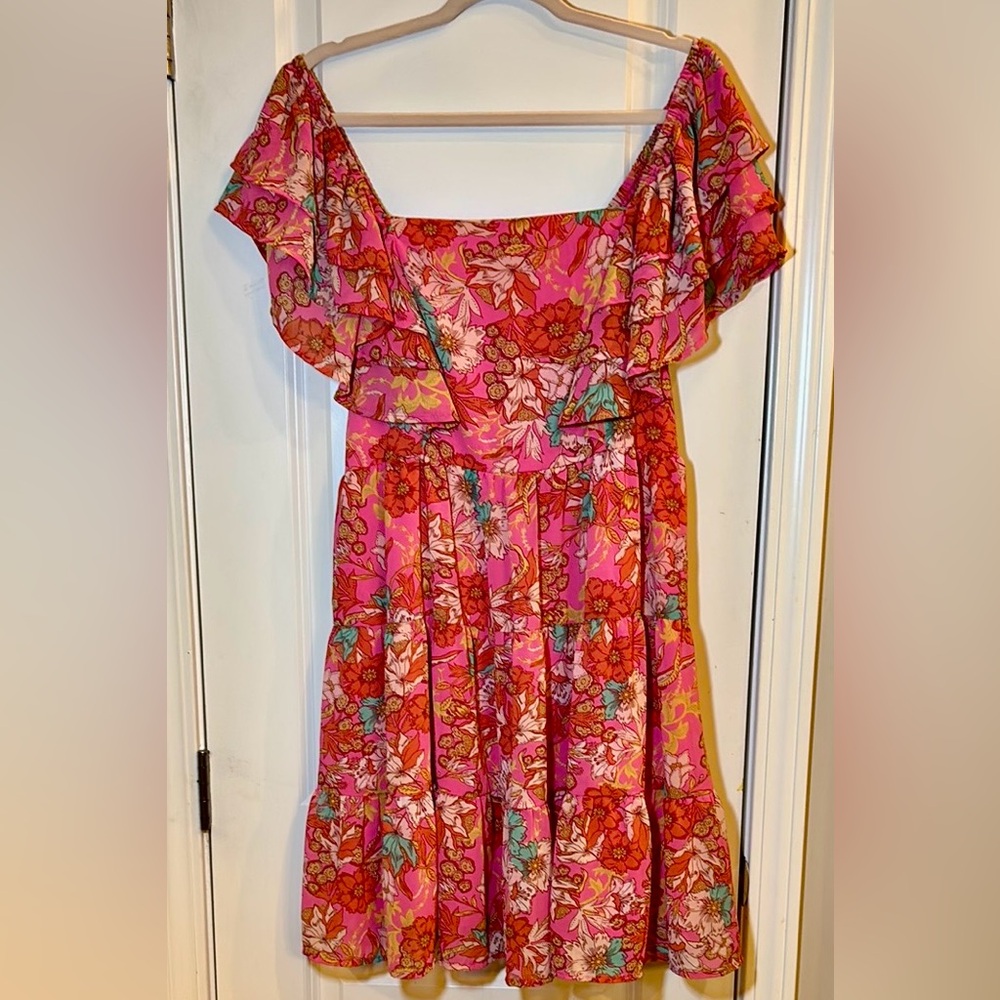 NWT Floral Ruffle Dress in Pink and Orange with smocking XL
